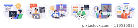 Video game developer concept set with characters in flat design for web. People write code for different computer games, programming at screens, testing interface with joystick. Vector illustrations. 119516055