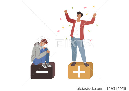 Man achieves success through positive thinking and optimism, standing next to sad loser 119516056