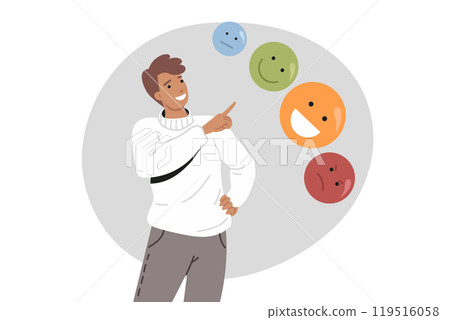 Man cares about emotional balance, pointing fingers at emoticons with different moods 119516058