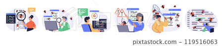 Software testing concept set with characters in flat design for web. People searching and finding bugs in program code and fixing mistakes, doing quality assurance analysis. Vector illustrations. Software testing concept set with characters in flat design for web. People searching and finding bugs in program code and fixing mistakes, doing quality assurance analysis. Vector illustrations. 119516063