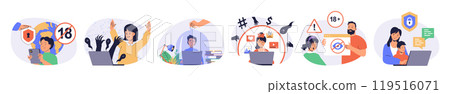 Internet cyber safety for kids concept set with characters in flat design for web. People protecting children online privacy with parental control software, block danger content. Vector illustrations. Internet cyber safety for kids concept set with characters in flat design for web. People protecting children online privacy with parental control software, block danger content. Vector illustrations. 119516071