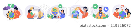 Green sustainable environment concept set with characters in flat design for web. People lead eco friendly lifestyle, take care about nature, using clean alternative resource. Vector illustrations. Green sustainable environment concept set with characters in flat design for web. People lead eco friendly lifestyle, take care about nature, using clean alternative resource. Vector illustrations. 119516072