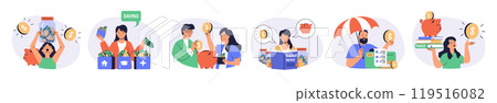 Financial literacy concept set with characters in flat design for web. People saving money in piggy bank, managing personal finance, investing money and using banking services. Vector illustrations. 119516082