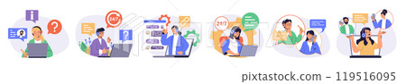 Call center concept set with characters in flat design for web. People work as operators in support service, answering calls and online messages, consulting and helping clients. Vector illustrations. Call center concept set with characters in flat design for web. People work as operators in support service, answering calls and online messages, consulting and helping clients. Vector illustrations. 119516095