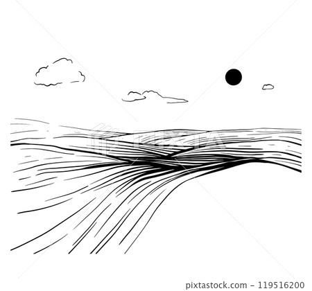 Minimalist hand drawn horizon with sun over distance. Vector illustration in linear drawing style for adventure or camping on isolated background. Black etching for tourism design. 119516200