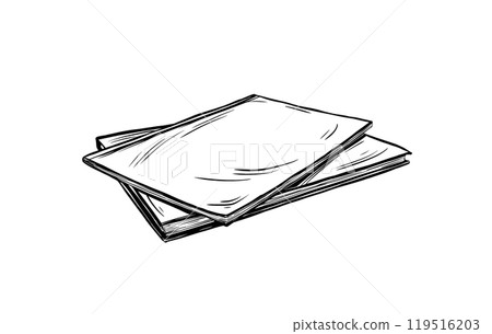 Hand Drawn doodle of different white black books in a linear style. Vector illustration in linear drawing style for education or adventure on isolated background. Black etching journal or notebook. 119516203