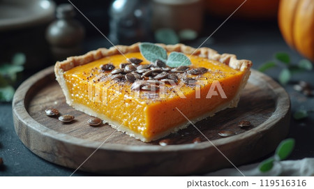 A piece of homemade traditional American pumpkin pie on a wooden background 119516316