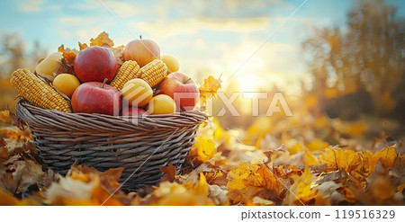 Basket with autumn apples, pumpkins, corns on a wooden background, rustic style. Harvest concept 119516329