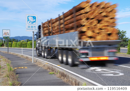 一輛滿載木材的大型拖車式卡車沿著鳥取縣境港市米子鬼太郎機場的旋律路行駛。 119516409