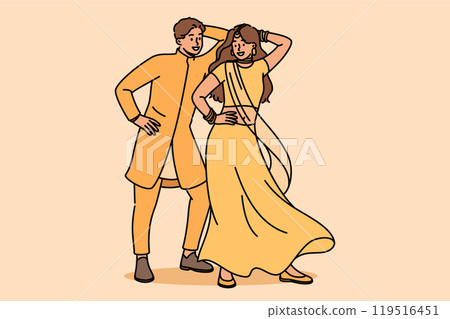Indian couple performs ritual mating dance, moving rhythmically to oriental music 119516451