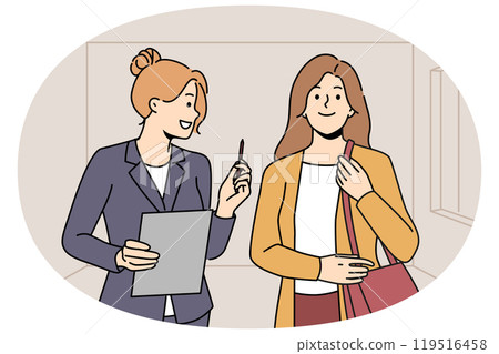 Woman real estate agent or realtor shows apartment to girl to client and offers conclude contract. 119516458