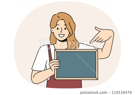 Woman waiter is holding chalkboard with copy space for drawing menu cafe or restaurant 119516479