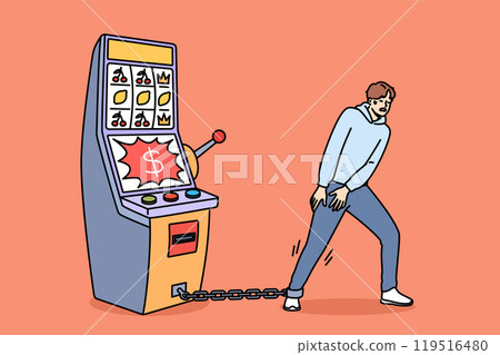 Gambling addiction of man tied with chain to slot machine made guy hostage to casino 119516480
