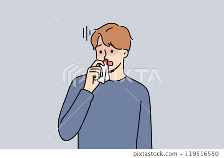 Blood from nose in sick man suffering from intracranial pressure or dangerous virus Blood from nose in sick man suffering from intracranial pressure or dangerous virus 119516550