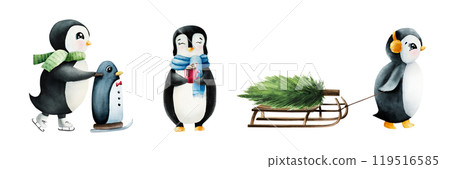 Set of cute smiling penguins with cup of Christmas cocoa, coffee with whipped cream and a candy cane. Skates with support. Winter, sport lesson. Learn to Ice Skate, watercolor hand painted 119516585