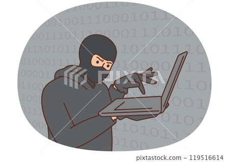 Hacker, cybercriminal with laptop stealing users personal data 119516614