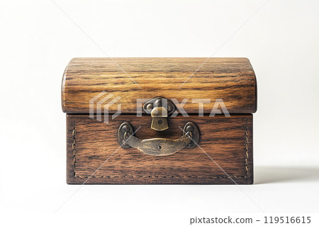 A wooden treasure chest with a brass latch sits on a plain background, showcasing craftsmanship and 119516615