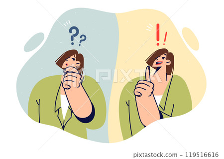 Woman brainstorms answer to question and rejoices when she comes up with ingenious solution 119516616