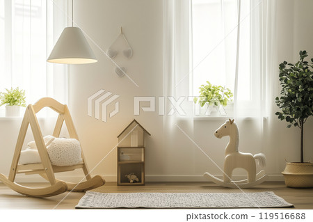 Cozy indoor nursery with wooden rocking chair, horse toy, and natural light streaming through bright Cozy indoor nursery with wooden rocking chair, horse toy, and natural light streaming through bright 119516688