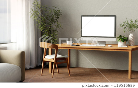 Modern Minimalist Workspace with Natural Greenery 3D Render. Modern Minimalist Workspace with Natural Greenery 3D Render. 119516689