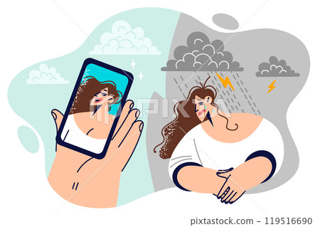Influence of social networks on psyche woman who gets upset after seeing cheerful friends on phone 119516690