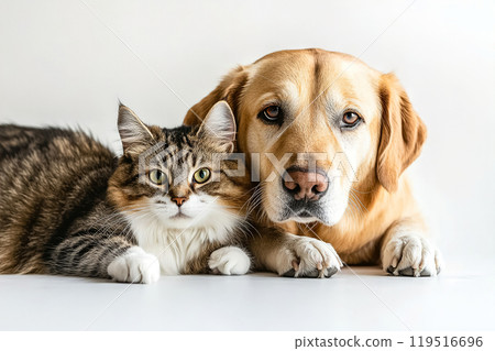 Close-up of a cat and dog lounging together on a white surface, showcasing their friendship and 119516696