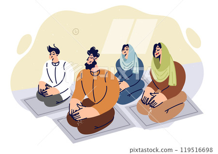 Praying muslim young family kneels on friday prayer mats, saying islamic prayer. Praying muslim young family kneels on friday prayer mats, saying islamic prayer. 119516698