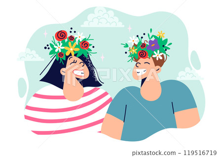 Mental health day is celebrated by children wearing flowers on heads, symbolizing success 119516719