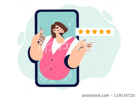 Positive user experience from using mobile app on phone, with woman showing thumbs up 119516720