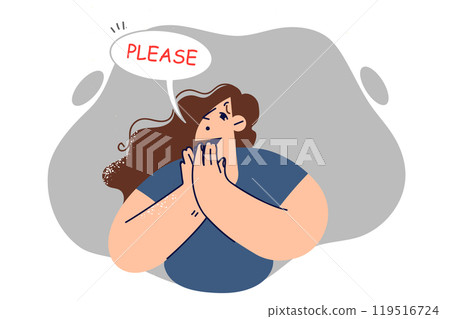 Helpless woman says please and makes piteous expression on face, asking for help 119516724