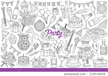 Party background with food for festive event and flags or balloons for interior. Hand drawn. Party background with food for festive event and flags or balloons for interior. Hand drawn. 119516856