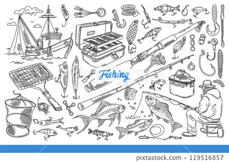 Tools for fishing and seafood production, as hobby or professional activity. Hand drawn. Tools for fishing and seafood production, as hobby or professional activity. Hand drawn. 119516857