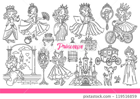 Little princesses in crown and beautiful dress, near fairytale castles or mirrors. Hand drawn. 119516859