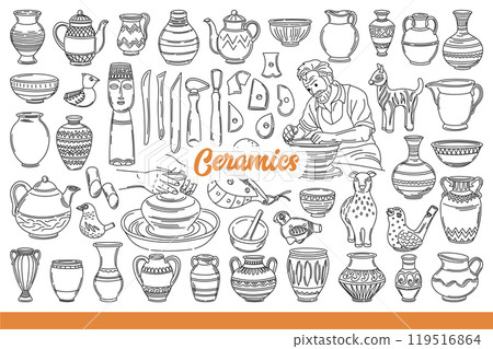 Handmade ceramic dishes, molded from natural clay and decorated by artist. Hand drawn. Handmade ceramic dishes, molded from natural clay and decorated by artist. Hand drawn. 119516864
