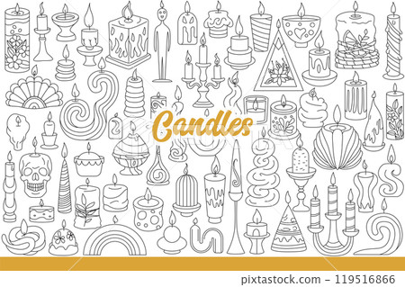 Candles with burning fetil for decorating festive table and creating romantic atmosphere. Hand drawn 119516866