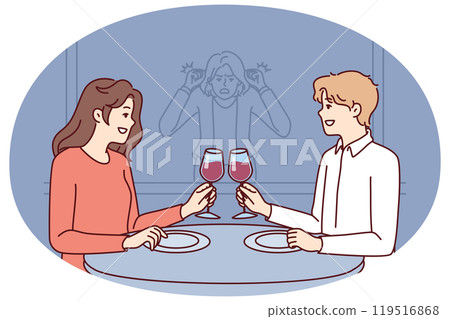 Stalker girl is watching date of former boyfriend drinking wine in restaurant with new girlfriend 119516868