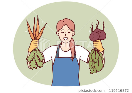 Woman is happy about good harvest of beets and carrots and demonstrates fresh vegetables Woman is happy about good harvest of beets and carrots and demonstrates fresh vegetables 119516872