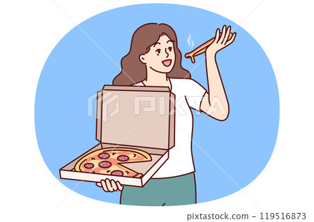 Woman eats pizza and holds box of appetizers from italian restaurant with home delivery Woman eats pizza and holds box of appetizers from italian restaurant with home delivery 119516873