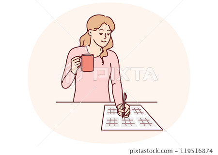 Woman solves sudoku puzzle and drinks hot tea enjoying math brain teasers demonstrates high IQ Woman solves sudoku puzzle and drinks hot tea enjoying math brain teasers demonstrates high IQ 119516874