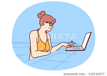 Woman freelancer is swimming in pool and using laptop doing work over internet or wifi 119516877