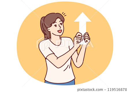 Happy woman with arrow pointing up, symbolizing ambition and striving for professional growth 119516878