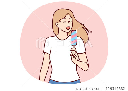 Woman eats ice cream to cool off in hot summer weather and enjoy cold sweet dessert Woman eats ice cream to cool off in hot summer weather and enjoy cold sweet dessert 119516882