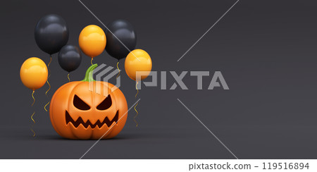 Halloween party background, 3d scary pumpkin and balloons on black background Halloween party background, 3d scary pumpkin and balloons on black background 119516894