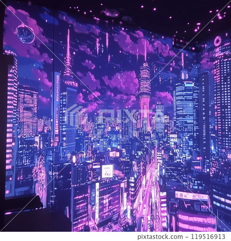 夜晚的城市閃爍著霓虹色彩 夜晚的城市閃爍著霓虹色彩 119516913
