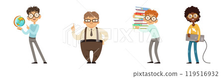 Smart Kid Nerd with Book in Glasses Vector Set 119516932