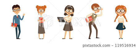 Smart Kid Nerd with Book in Glasses Vector Set 119516934