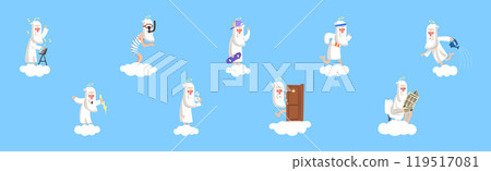 Funny Bearded God Character on Soft Cloud Vector Set 119517081