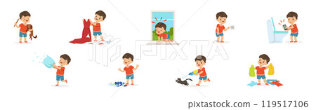Funny Little Boy Character Playing Game and Making Mess Vector Set Funny Little Boy Character Playing Game and Making Mess Vector Set 119517106