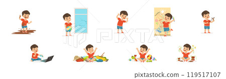 Funny Little Boy Character Playing Game and Making Mess Vector Set 119517107