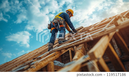 A construction worker is on the roof of a building being built 119517186